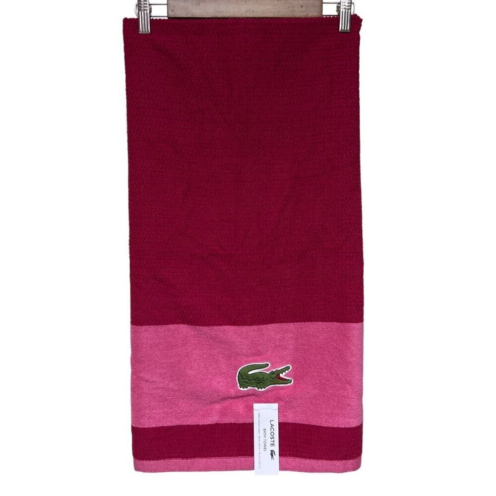 NEW! LACOSTE Pink Magenta Stripe Gator Logo Bath Towel 52" x 30" 100% Cotton